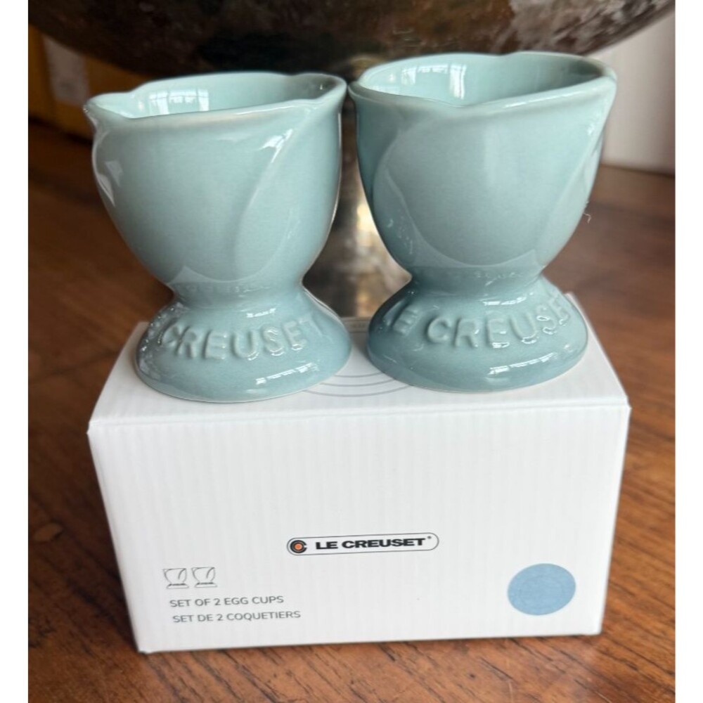 Le Creuset Stoneware Jardin Relief Collection Set of 2 Egg Cups Sea Salt NEW